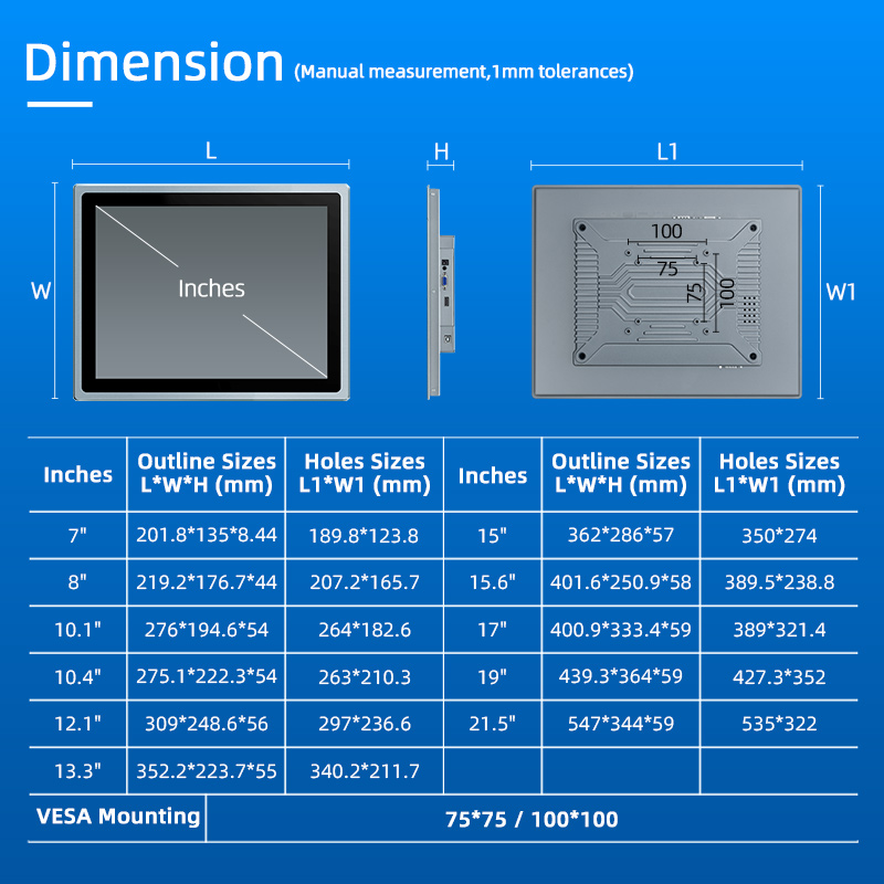 Aluminum Alloy Embedded Capacitive Touch Panel PC size chart